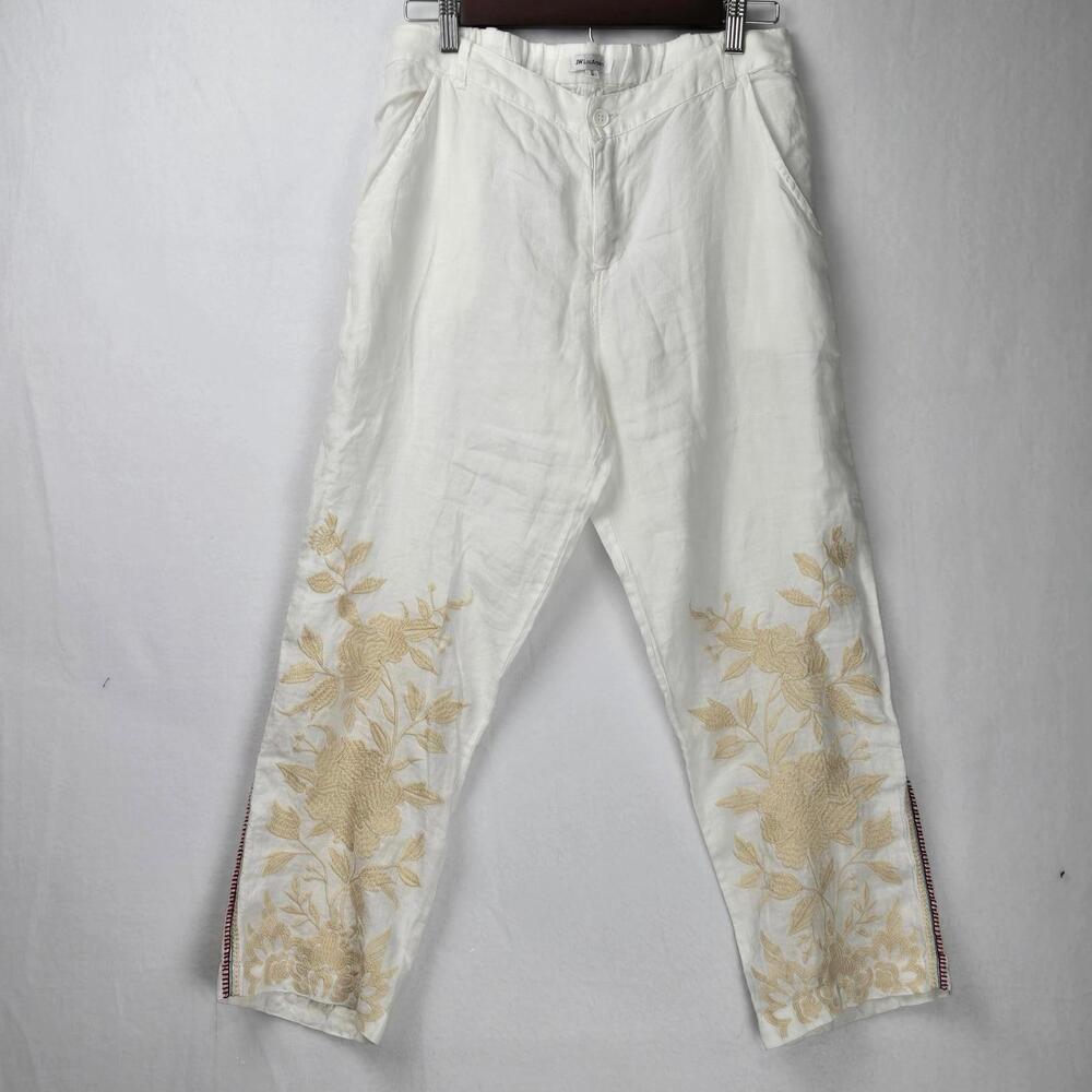 Johnny Was Linen Elegant White Embroidered Pants Floral Design Size Small